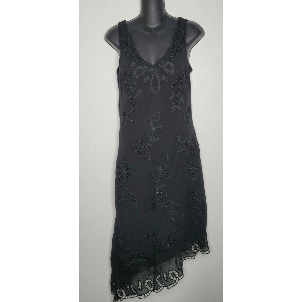 Lillie Rubin Womens Black Beaded Sequin Crochet Silk Dress‎ 10 Asymmetrical Hem